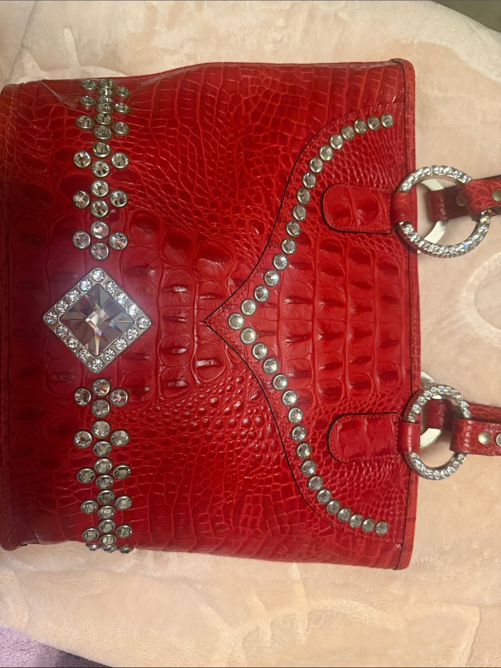 Raviani Red Embossed Croc Shoulder Bag with Crystal Studs